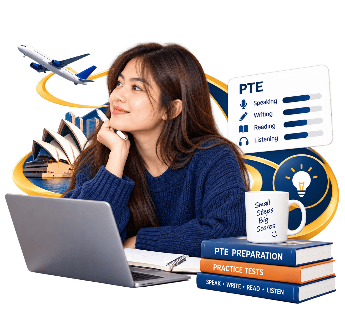 Student preparing for the PTE Academic test online, with a score breakdown across Speaking, Writing, Reading and Listening, and the Sydney Opera House in the background
