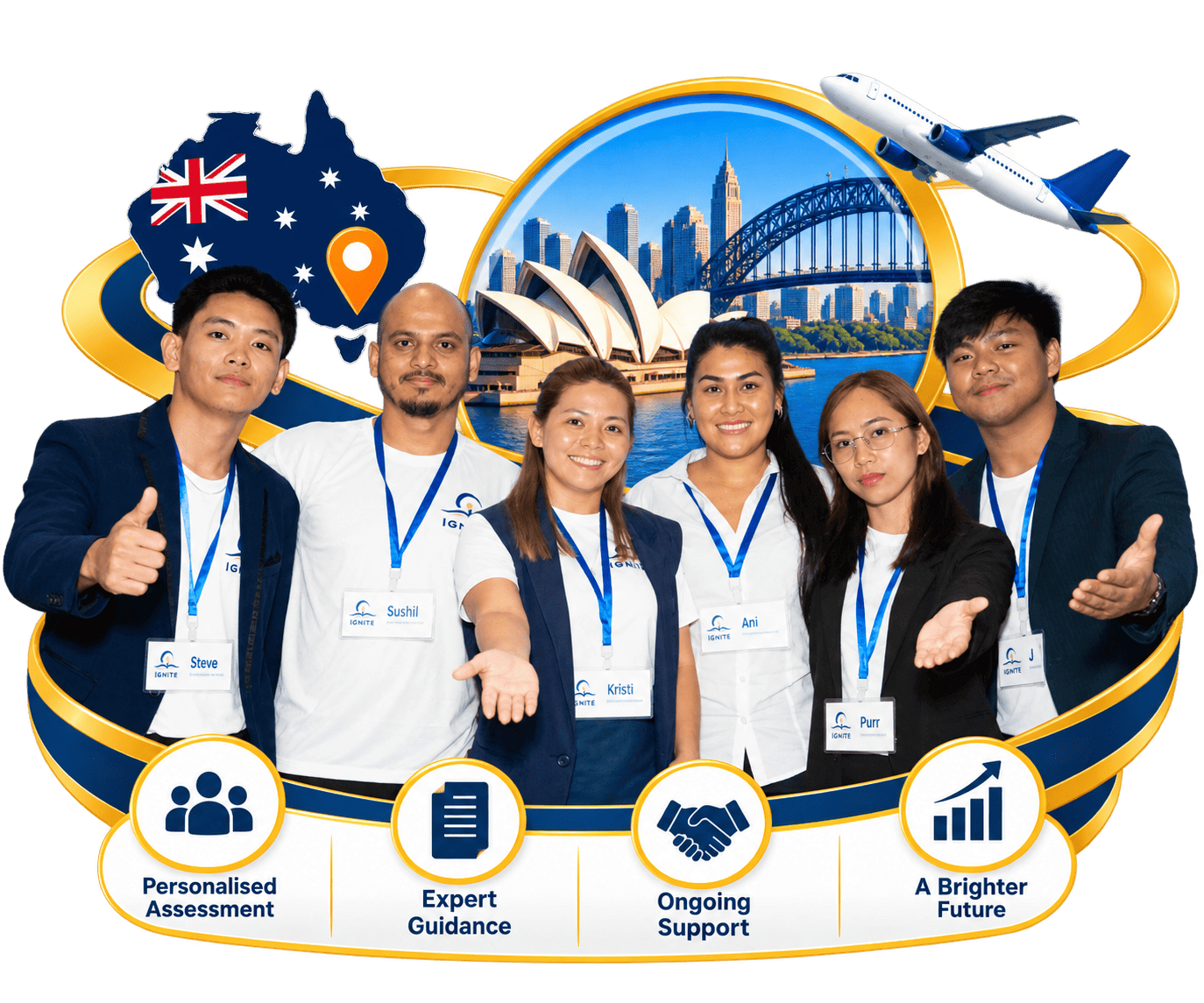The Ignite team welcoming clients to their Australian journey, with the Sydney Opera House and Harbour Bridge in the background