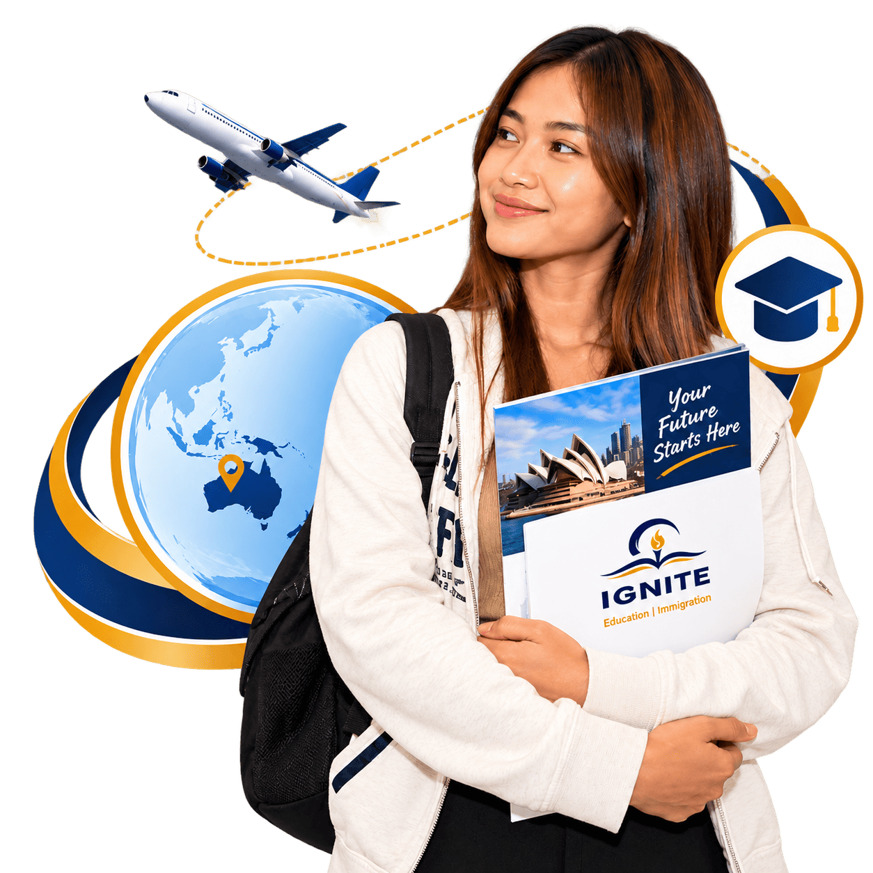 International student holding an Ignite folder, ready to study in Australia